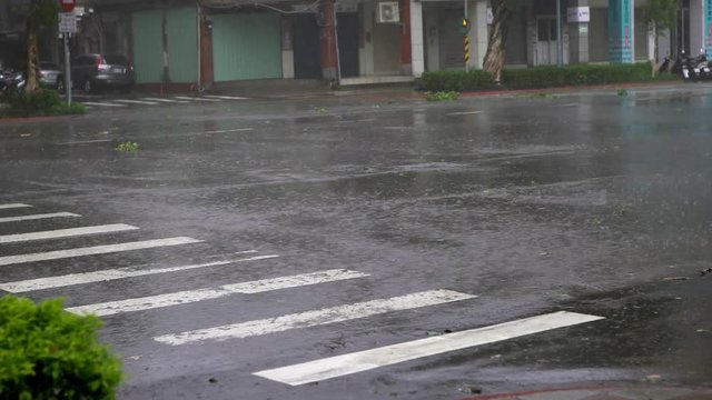 4k Extreme Wind And Rain During A Super Typhoon Megi. A Street Taipei city with the strong hurricane winds in asian road. -Dan