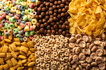 Variety of cold cereals overhead