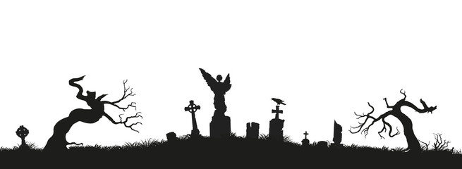 Fototapeta na wymiar Black silhouettes of tombstones, crosses and gravestones. Elements of cemetery. Graveyard panorama