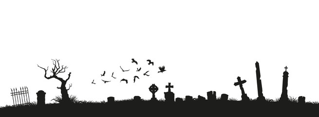 Black silhouettes of tombstones, crosses and gravestones. Elements of cemetery. Graveyard panorama