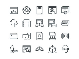 Hosting. Set of outline vector icons. Includes such as SSD Disk, Control Panel, Traffic, Firewall and other. Editable Stroke. 48x48 Pixel Perfect.