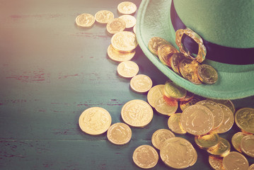 Happy St Patricks Day leprechaun hat with gold chocolate coins