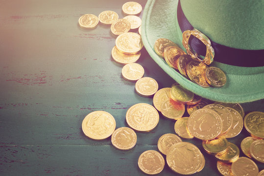 Happy St Patricks Day leprechaun hat with gold chocolate coins