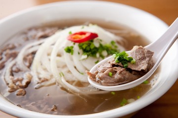 Fresh beef and onion, light and delicious beef rice noodle made of ingredients
