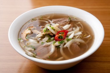 Fresh beef and onion, light and delicious beef rice noodle made of ingredients