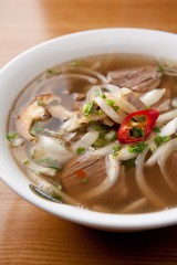 Fresh beef and onion, light and delicious beef rice noodle made of ingredients
