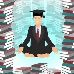 Business education. Businessman meditating in lotus position, surrounded by books. Vector