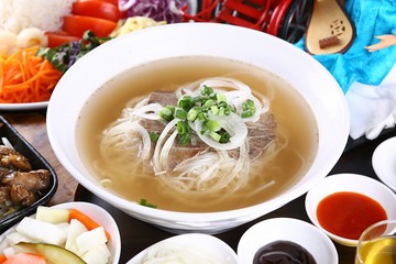 Fresh beef and onion, light and delicious beef rice noodle made of ingredients