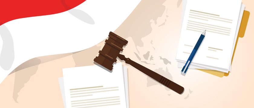 Indonesia Law Constitution Legal Judgement Justice Legislation Trial Concept Using Flag Gavel Paper And Pen