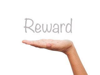 Hand present Rewards on blank transparent board with a marker is