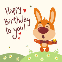 Obraz na płótnie Canvas Happy birthday to you! Funny bunny rabbit sings birthday song with gift in hand. Card with rabbit in cartoon style.
