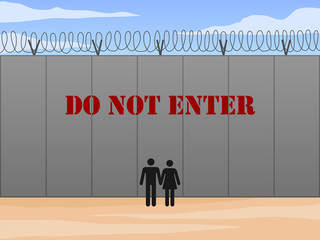 Border wall between United States and Mexico with do not enter sign in English vector illustration