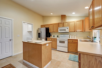 Light open concept kitchen room with vaulted ceiling