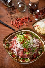 Fresh beef and onion, light and delicious beef rice noodle made of ingredients