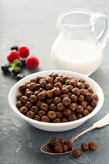 Chocolate cereals in a white bowl