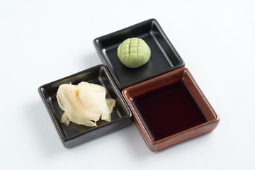 ginger, wasabi, soy sauce