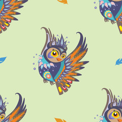Seamless vector pattern with owl and feathers
