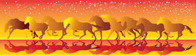 Vector yellow and red background with horses running gallop