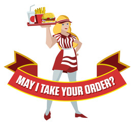 fast food waitress girl serving a plate full with french fries burger and drink soda poster