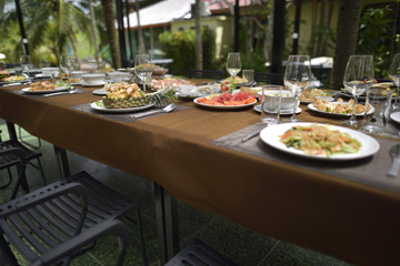 Delicious food set mixed full on the table in restaurant