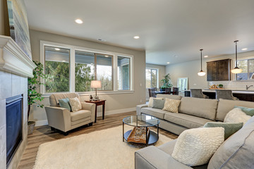 Family room interior features grey linen sectional