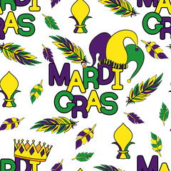 Obraz premium Mardi Gras seamless pattern. Colorful background with carnival mask and hats, jester s hat, crowns, fleur de lis, feathers and ribbons. Vector illustration