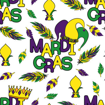 Mardi Gras seamless pattern. Colorful background with carnival mask and hats, jester s hat, crowns, fleur de lis, feathers and ribbons. Vector illustration