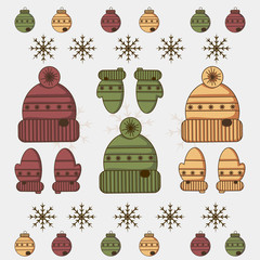 Fototapeta premium Vector pattern of snowflakes, hats, gloves and Christmas balls. The idea for the New Year. It can be used to design websites, postcards, etc.