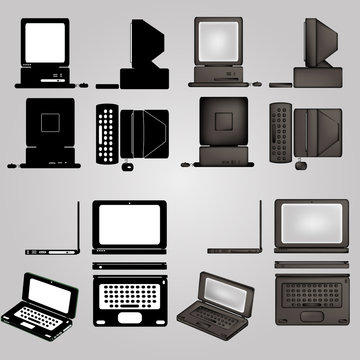 Set PC Illustrations. Front View, Top, Back And Sides. Old Computer. It Can Be Used In Logo Design, Brochures, Postcards, For Websites, Etc.