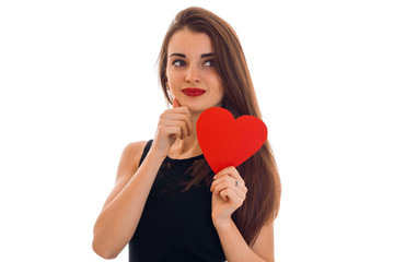 beautiful stylish brunette lady celebrate saint valentines day with red heart isolated on white background