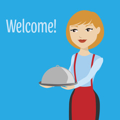 Waitress in uniform isolated on blue background. vector illustration. waitress with a tray.