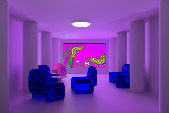 3D-Rendering eines futuristischen rosa Zimmers mit zwei roten, transparenten Sitzgelegenheiten und Schmetterlingsbild