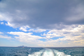 Streaming water as the ship raced sea. On a rain-covered area.