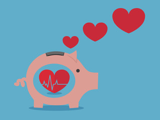 Putting Red Heart into a piggy bank .vector illustration.