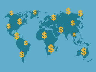 Golden dollar sign floating on low poly of world map .vector illustration.