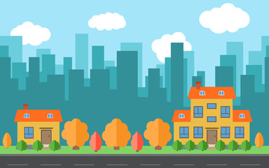 Vector city with two cartoon houses and buildings. City space with road on flat style background concept. Summer urban landscape. Street view with cityscape on a background
