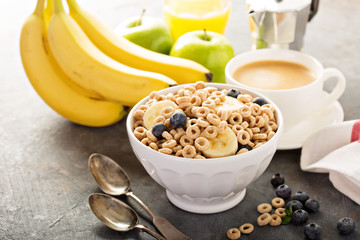 Healthy cold cereal in a white bowl