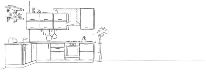 Modern corner kitchen interior. Black and white 3d sketch drawing on long background