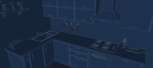 Abstract drawing of contemporary corner kitchen interior. 3d sketch with white lines on blue background. 