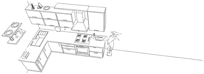 Contemporary corner kitchen interior. Black and white three-dimensional sketch drawing on long background. Top isometric view