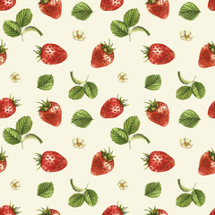Hand drawn seamless pattern with watercolor strawberries. Berries and leaves on the white background. Vintage style
