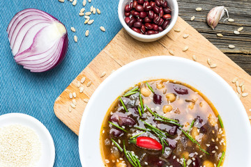 Beans Soup. Vegetarian Adzuki Bean Meal with Cooking Ingredients.