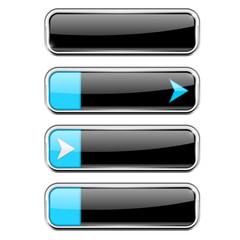 Black buttons with blue tags. Menu interface elements with chrome frame
