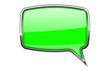 Green speech bubble. Square 3d icon with chrome frame