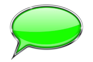 Green speech bubble. Round 3d icon with chrome frame