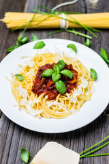 Fresh Pasta Food. Spaghetti with Basil Leaves, Cheese and Tomato Sauce and Raw Ingredients on Wooden Background.