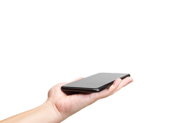 Hand holding black mobile phone with blank screen isolated on wh