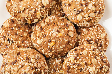 Macro shot of homemade oatmeal cookies, top view