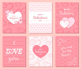 Set of Happy Valentine's Day greeting and invitation cards. Hearts, inscription in the middle. Festive romantic cute love background. Poster design. Vector illustration.