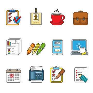 Vector business icons set. Color outlined icon collection. Tablet, laptop, smartphone, fax, badge, documents, coffee cup, graphics, pen, pencil, marker, messages, case. Vector illustration.
